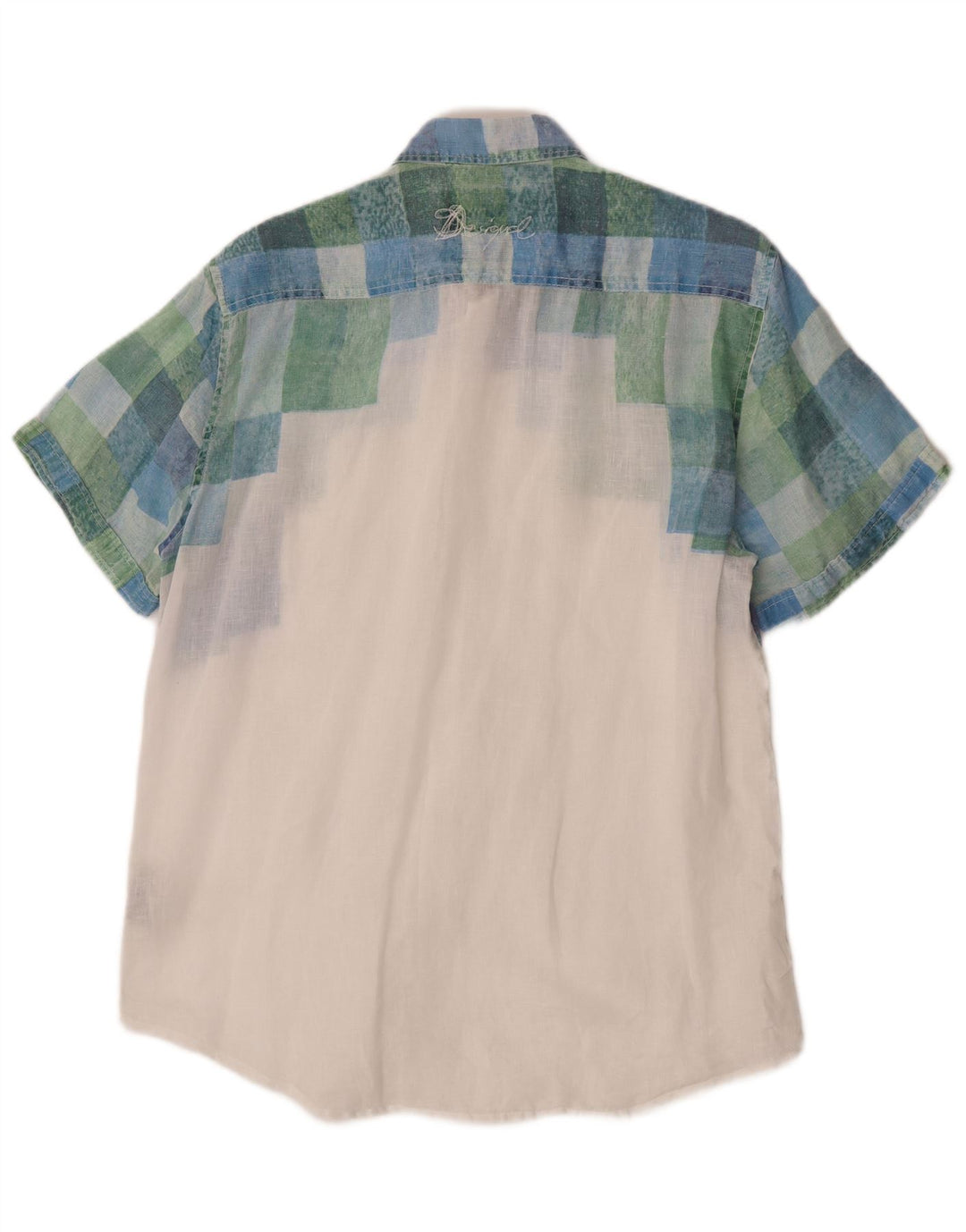 Desigual Mens Graphic Short Sleeve Shirt Large White Check Linen