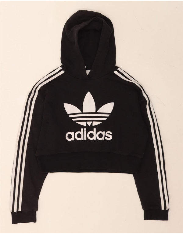 Adidas Girls Crop Graphic Hoodie Jumper 11-12 Years Black Cotton