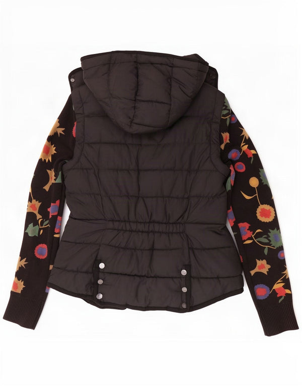 Desigual Giacca imbottita con cappuccio da donna EU 42 Large Black Floral Cotton