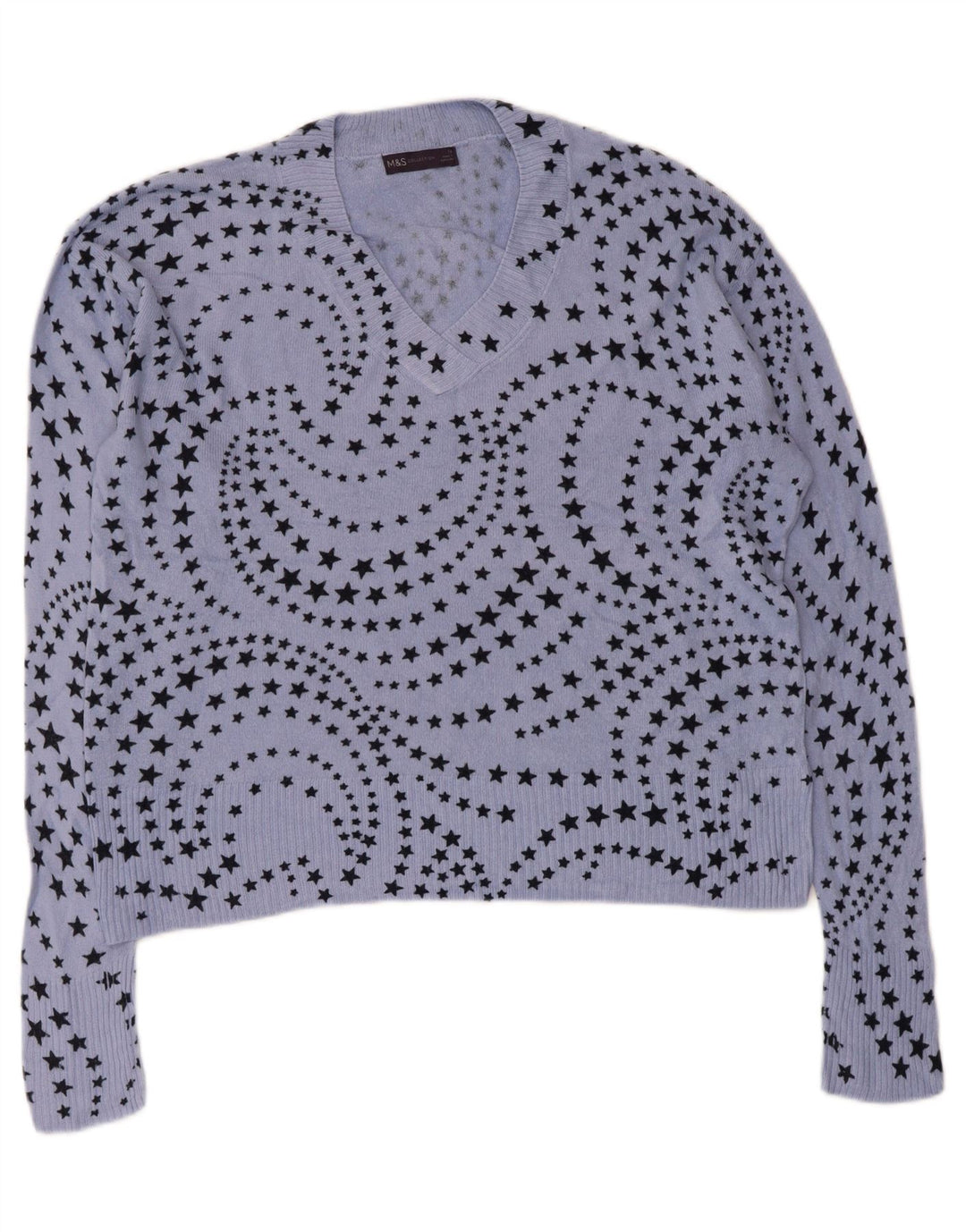 Marks & Spencer Womens V-Neck Jumper Sweater UK 14 Large Blue Geometric