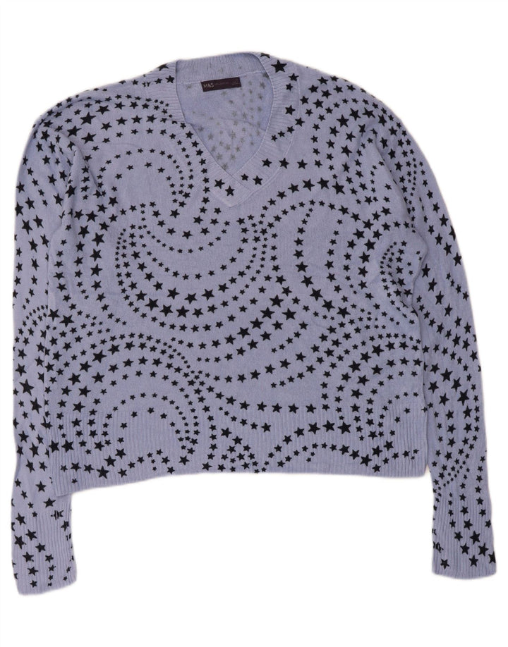 Marks & Spencer Womens V-Neck Jumper Sweater UK 14 Large Blue Geometric