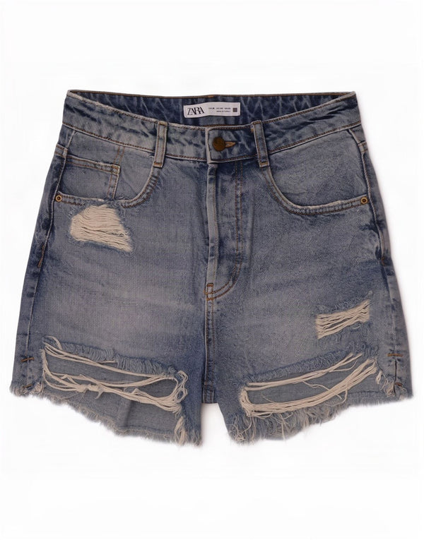 Pantaloncini in denim invecchiato a vita alta da donna Zara EU 36 XS W26 cotone blu