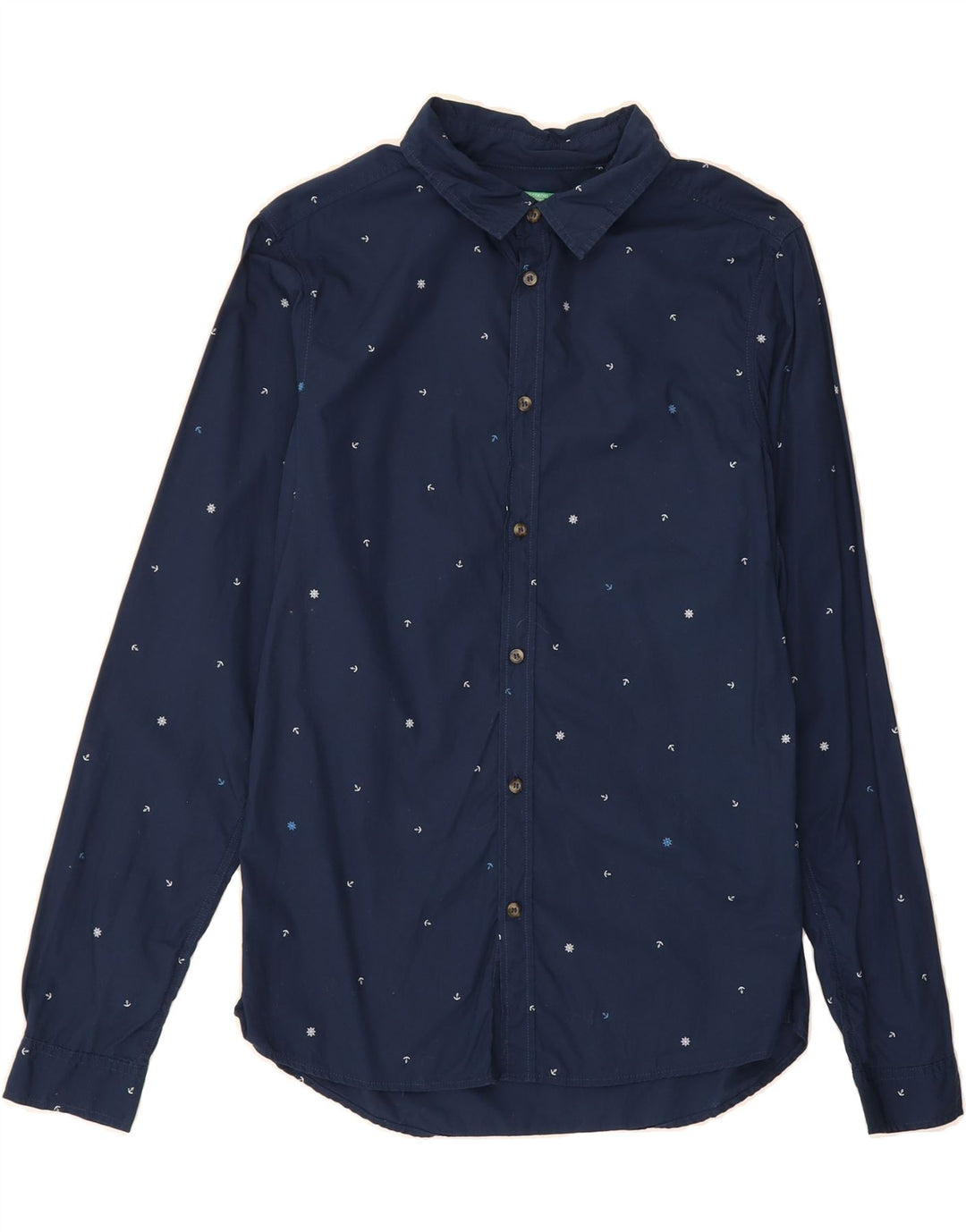 BENETTON Boys Abstract Pattern Shirt 13-14 Years 3XL Navy Blue Cotton Vintage Benetton and Second-Hand Benetton from Messina Hembry 