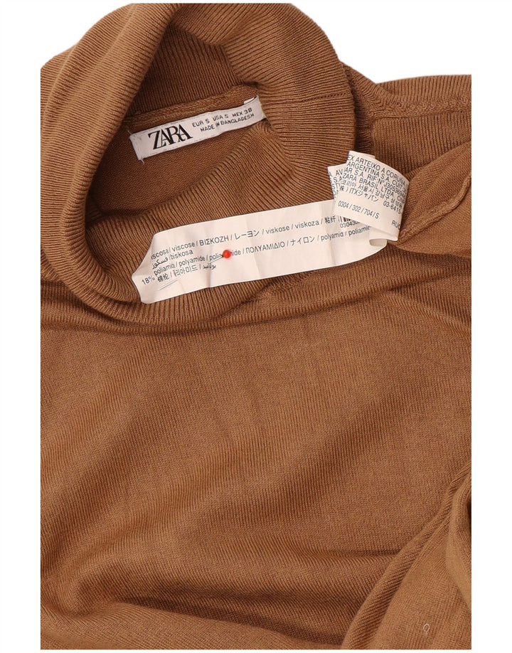Zara Dame Rullehals Sweater UK 10 Small Brown Viscose