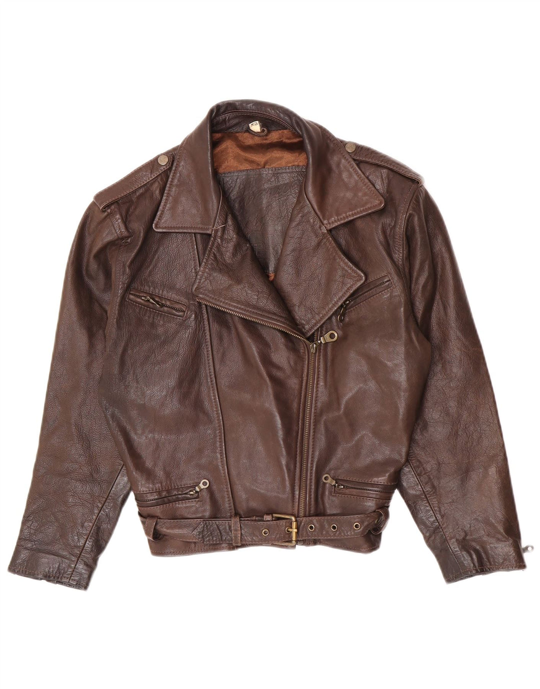 Vintage Womens Oversized Leather Biker Jacket UK 6 XS Brown Leather