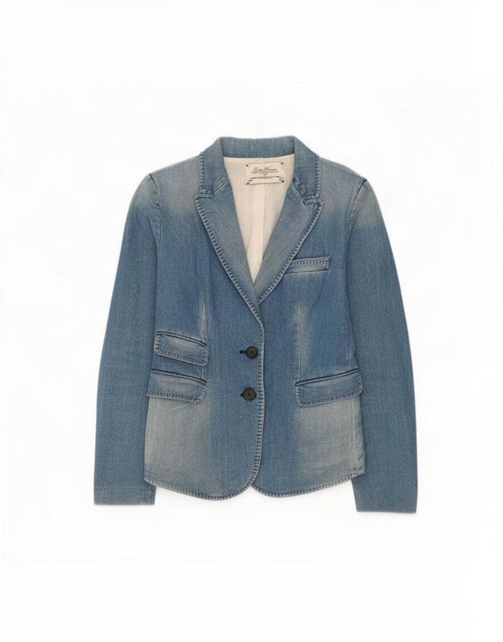 Jaqueta blazer jeans feminina Zara com 2 botões Reino Unido 12 poliéster azul médio