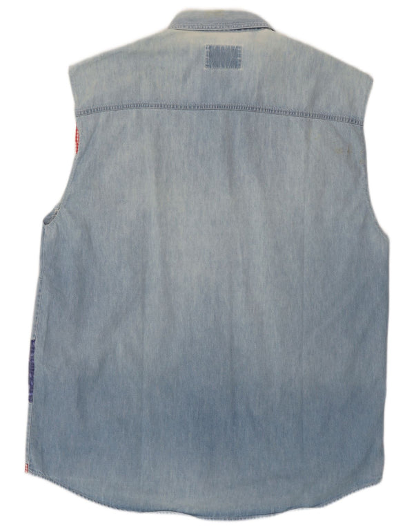 Wampum Mens Sleeveless Denim Shirt Large Blue Patchwork
