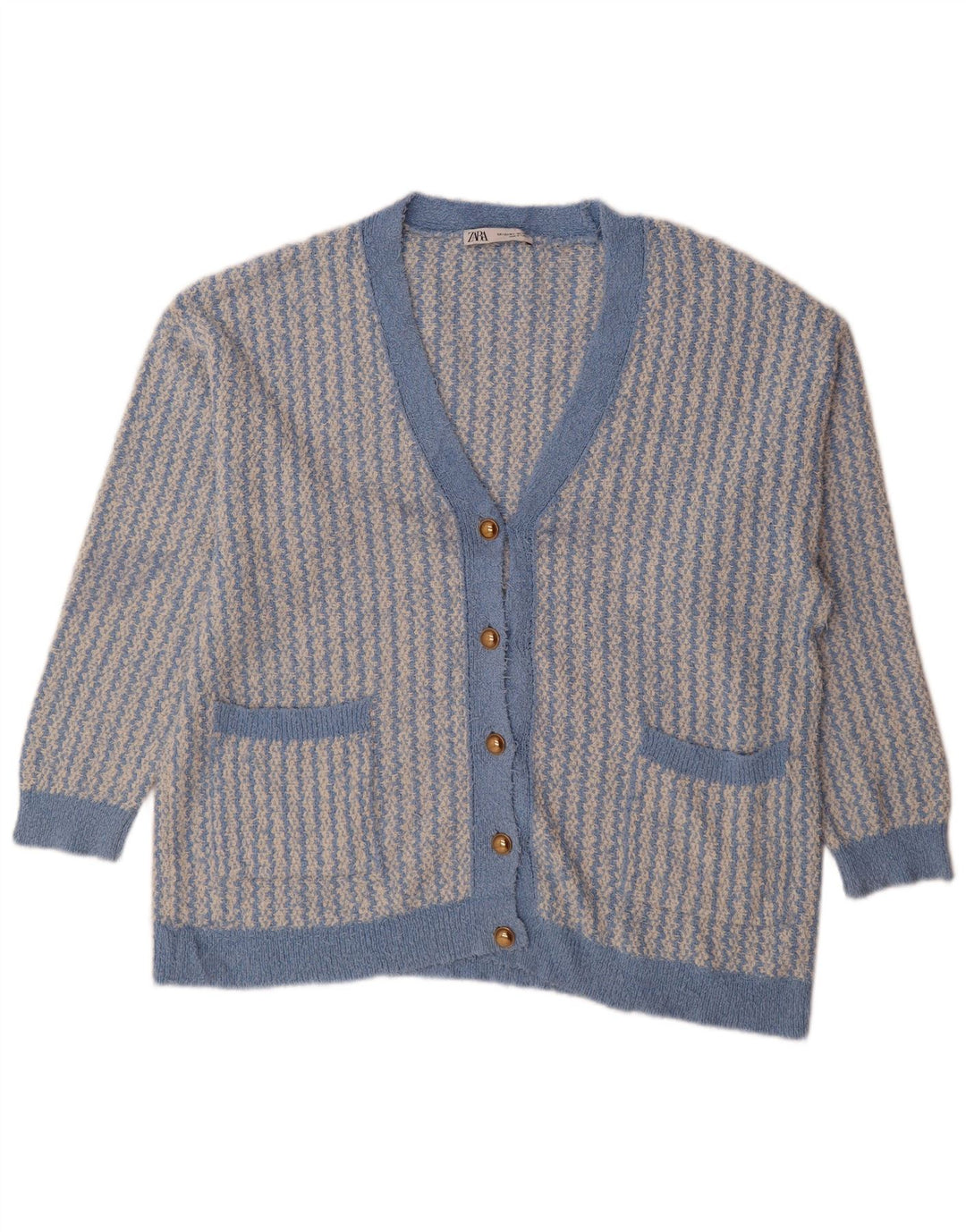 Zara Womens Oversized Cardigan Sweater UK 14 Medium Blue Geometric Cotton