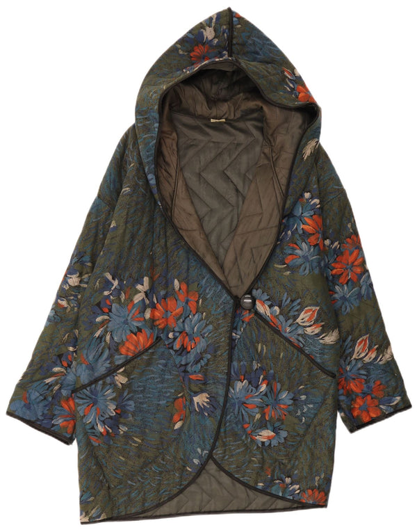 Vintage Womens Hooded Oversized Overcoat UK 10 Small Green Floral Cotton