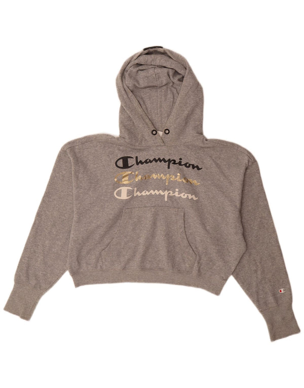Champion Womens Crop Graphic Oversized Hoodie Jumper UK 16 Large Grey