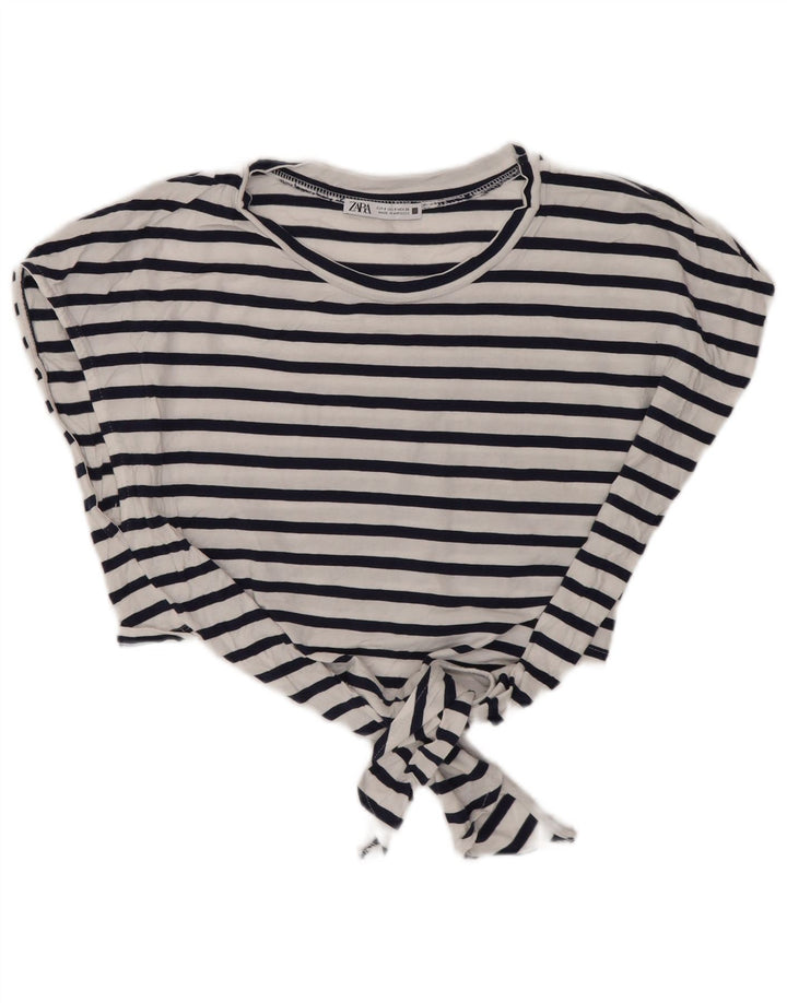 Zara Womens Crop Front Tie Blouse Top UK 10 Small Navy Blue Striped