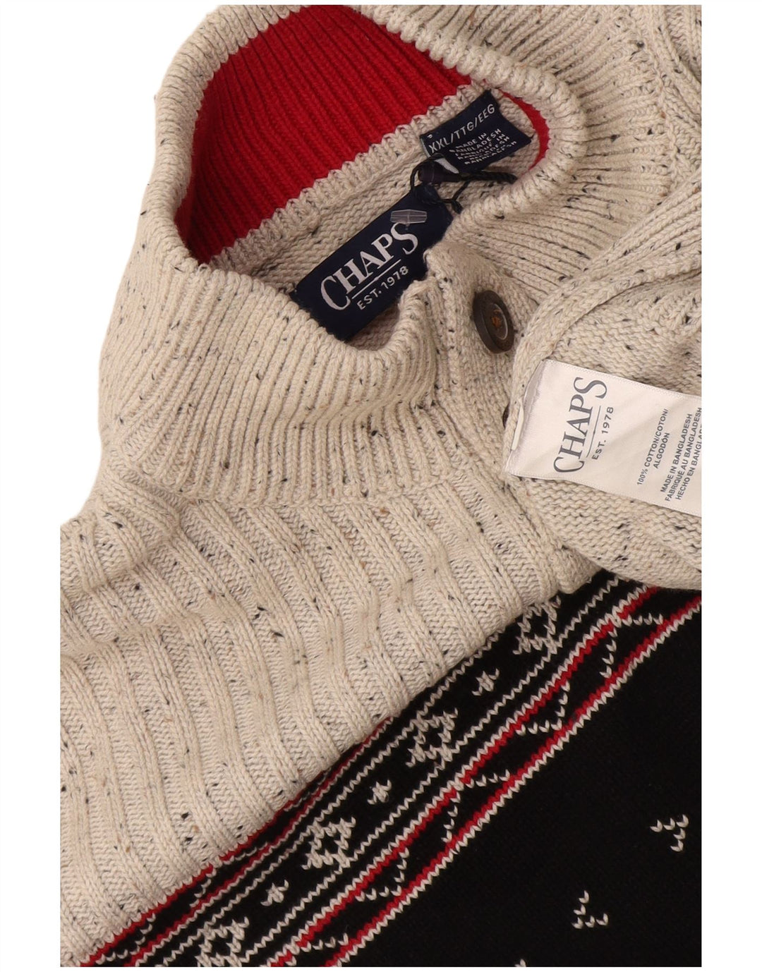 Chaps Mens Button Neck Jumper Sweater 2XL Grey Fair Isle Cotton