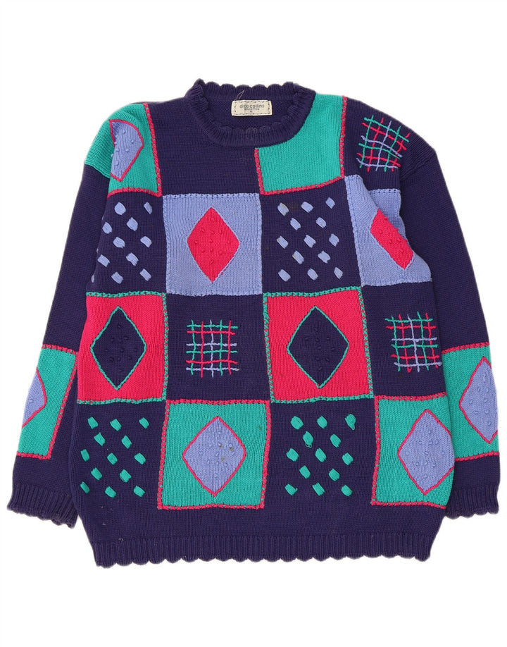 VINTAGE Womens Crew Neck Jumper Sweater UK 14 Medium Navy Blue Patchwork