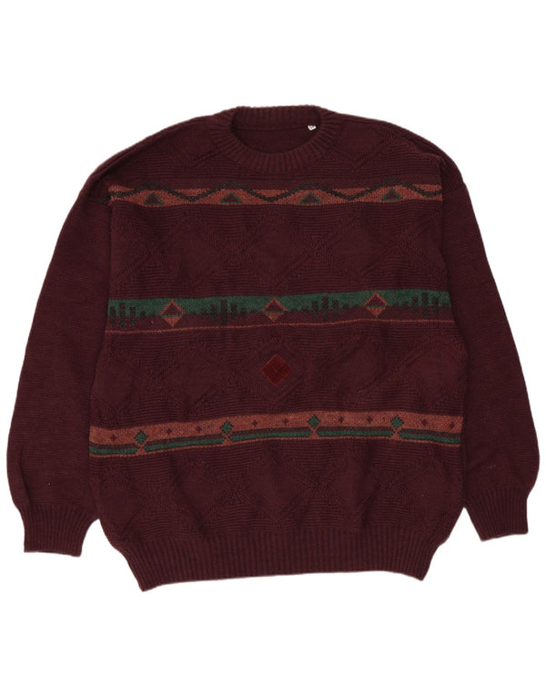 Vintage Mens Crew Neck Jumper Sweater IT 54 XL Burgundy Geometric Acrylic