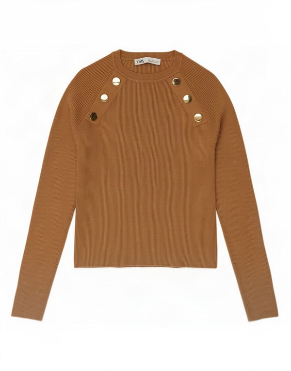 Zara Womens Crop Top Manga Longa Reino Unido 14 Grande Bege Viscose
