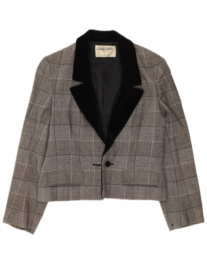 Jaeger Womens Crop 1 Button Blazer Jacket UK 10 Small Grey Check Cotton