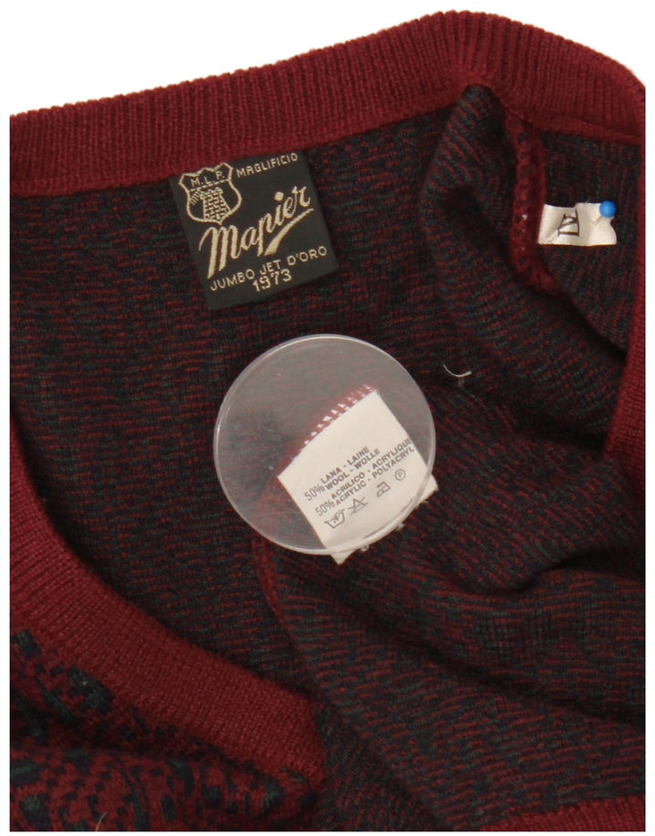 Mapier Mens V-Neck Jumper Sweater Medium Burgundy Fair Isle Wool