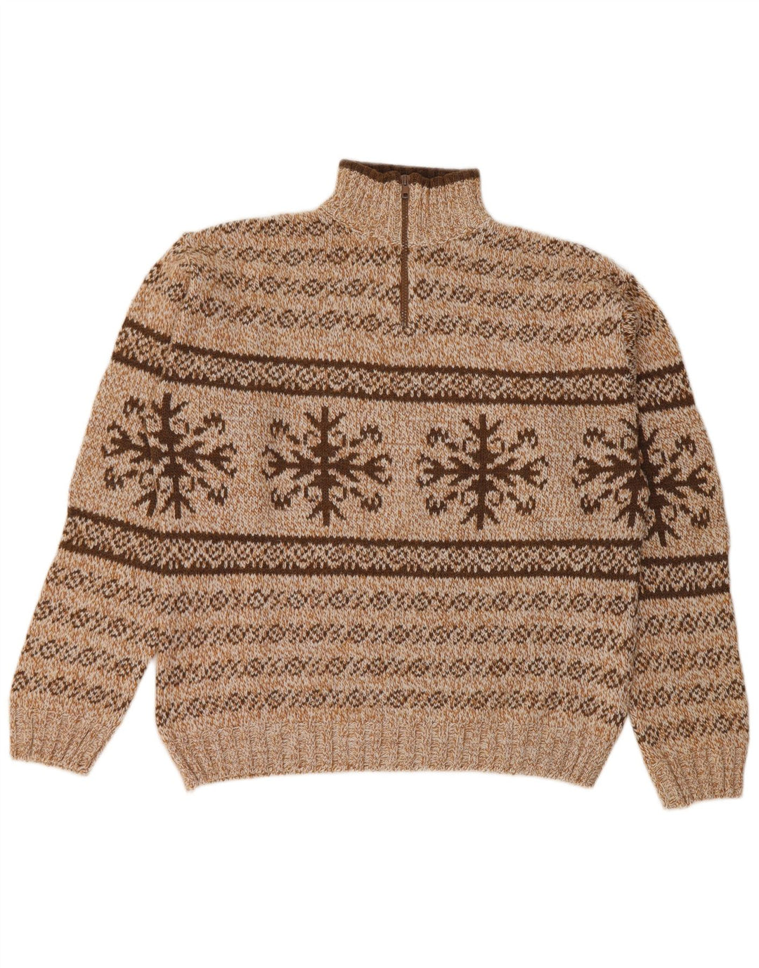 Vintage Mens Zip Neck Jumper Sweater Medium Brown Fair Isle Acrylic