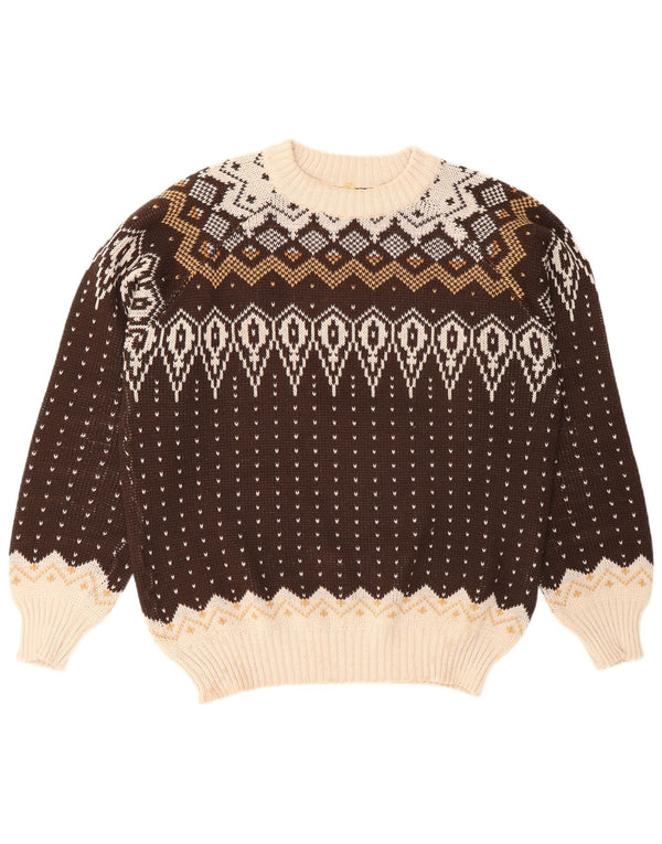 Vintage herre sweater med rund hals, stor brun Fair Isle