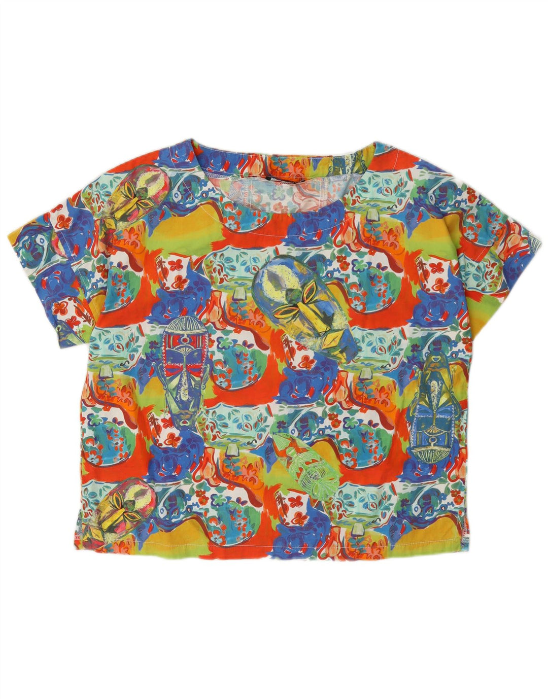 Vintage Womens Graphic Blouse Top UK 14 Medium Multicoloured Floral Cotton