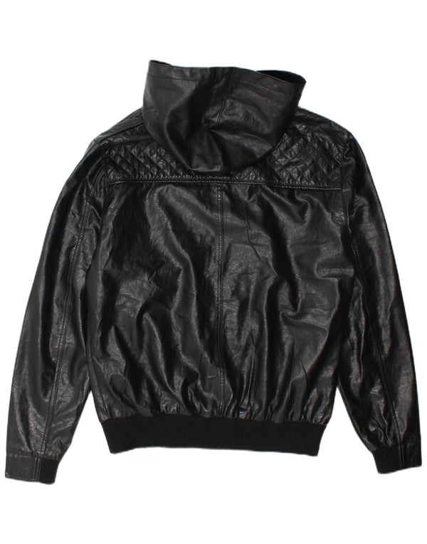 Ecko Unltd Mens Hooded Faux Leather Bomber Jacket UK 38 Medium Black
