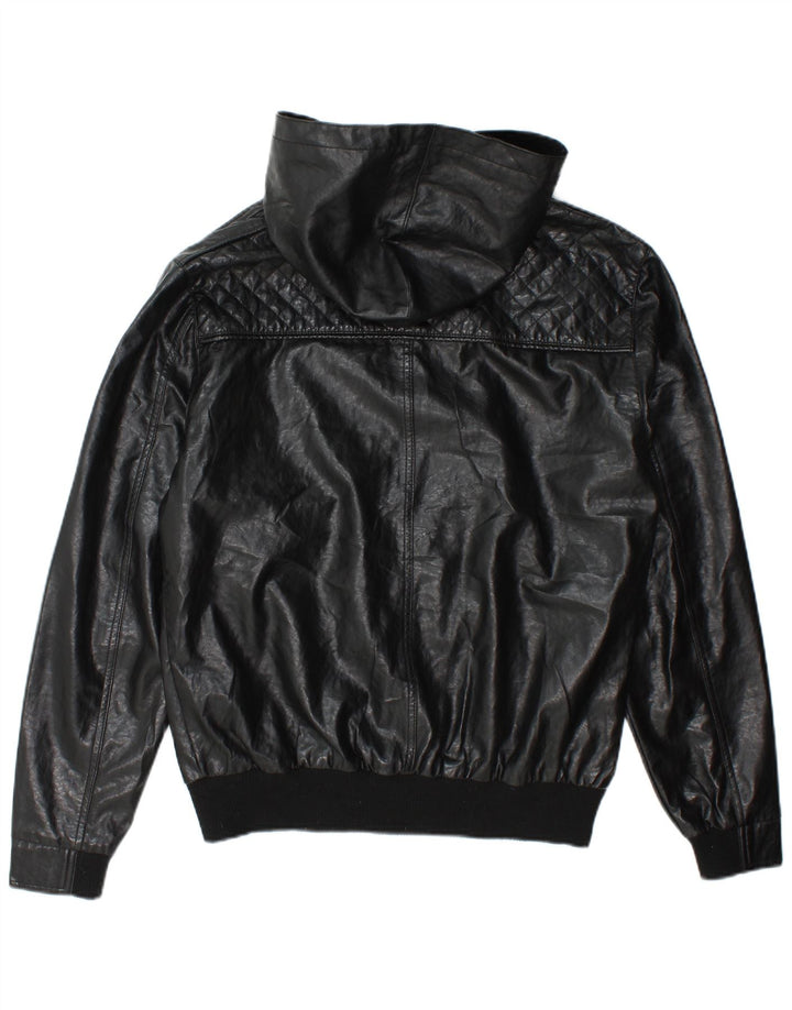 Ecko Unltd Herre Hooded Faux Leather Bomber Jacket UK 38 Medium Black