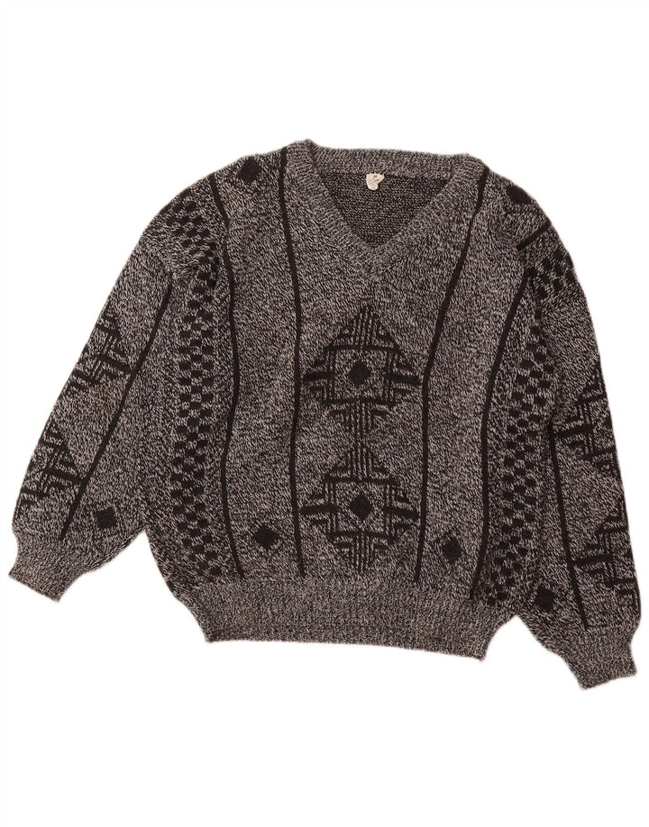 VINTAGE Mens V-Neck Jumper Sweater Medium Grey Argyle/Diamond Acrylic
