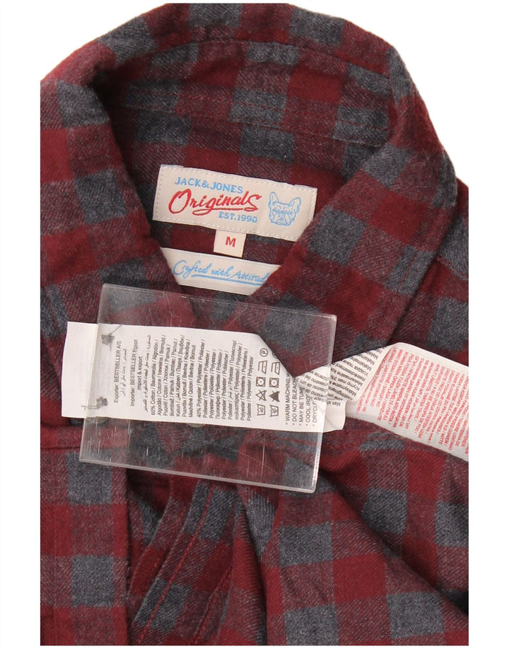 JACK & JONES Mens Flannel Shirt Medium Maroon Check Cotton