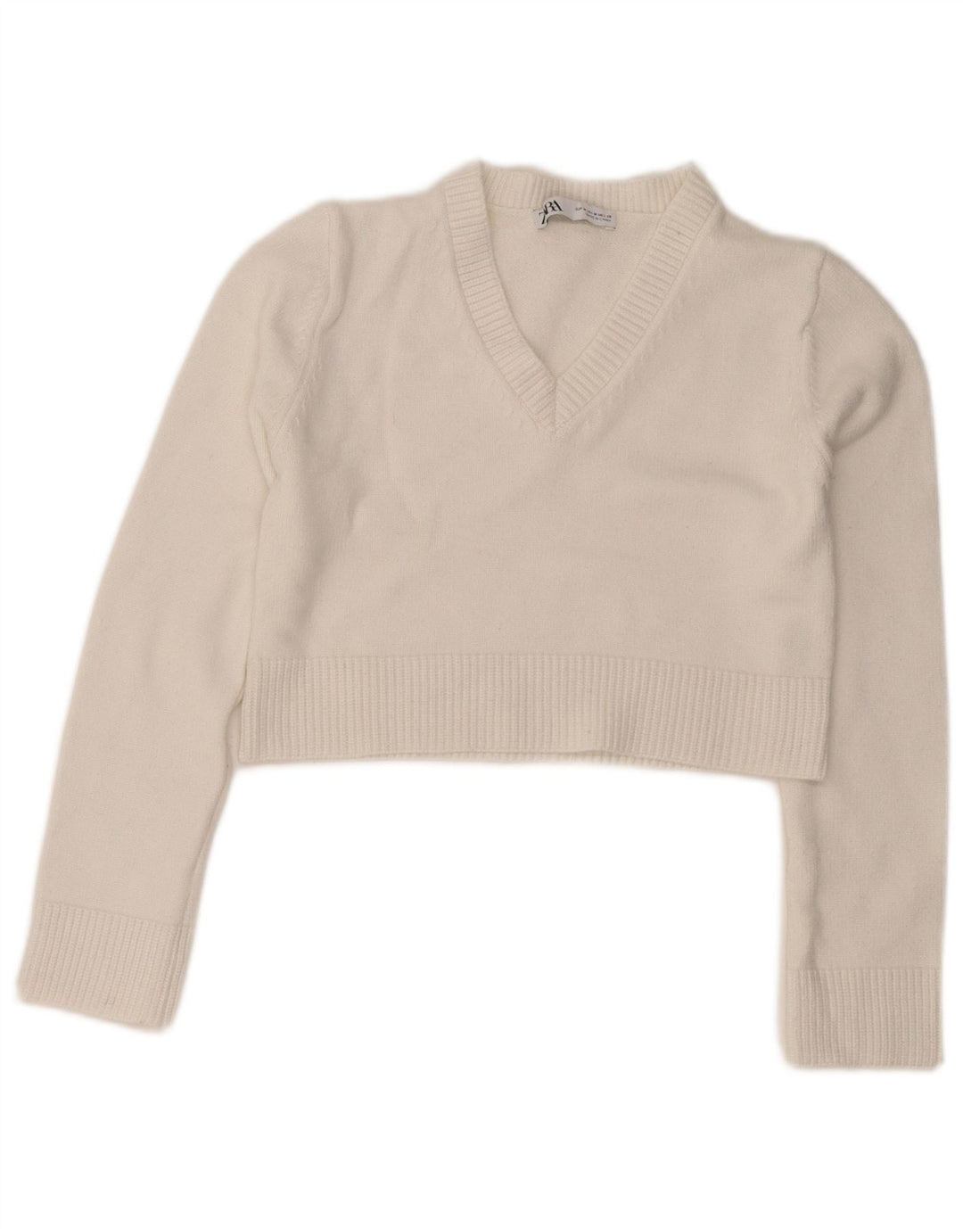 Zara Womens Crop V-Neck Jumper Sweater UK 12 Medium White Viscose