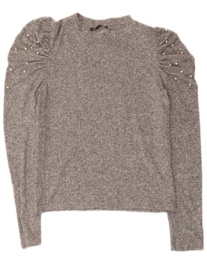 ZARA Womens Long Sleeve Blouse Top UK 12 Medium Grey Flecked