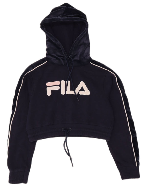 Fila Damen Crop Graphic Hoodie Pullover UK 6 XS Marineblau Baumwolle