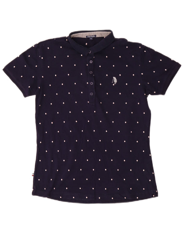 Vintage Womens Polo Shirt UK 12 Medium Navy Blue Spotted Cotton