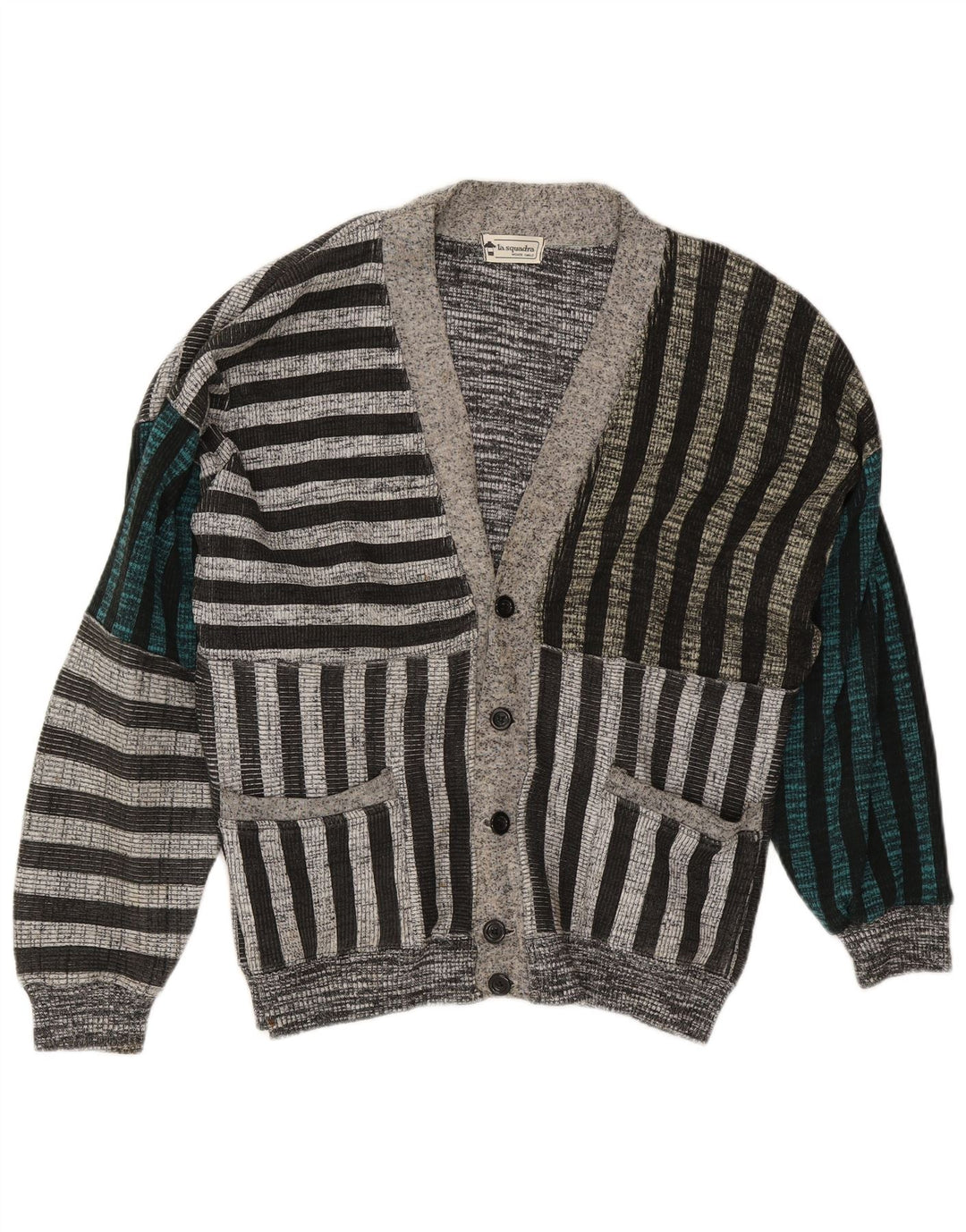 La Squadra Mens Cardigan Sweater Large Grey Striped Cotton