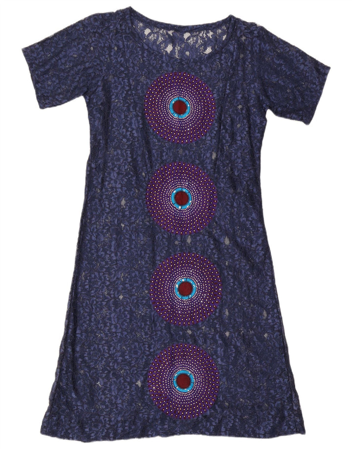 Vintage Womens Lace Basic Dress UK 16 Large Navy Blue Geometric