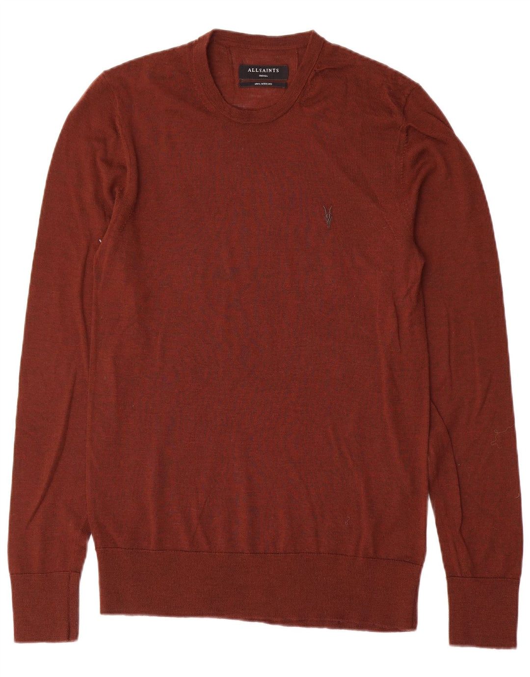 All Saints Mens Crew Neck Jumper Sweater Small Brown Merino Wool