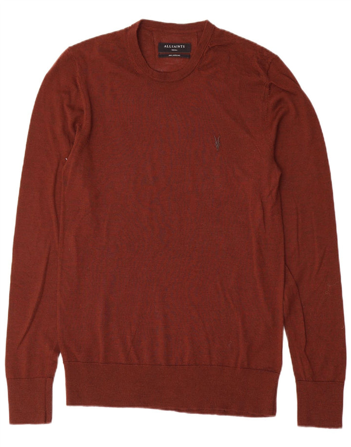 All Saints Mens Crew Neck Jumper Sweater Small Brown Merino Wool