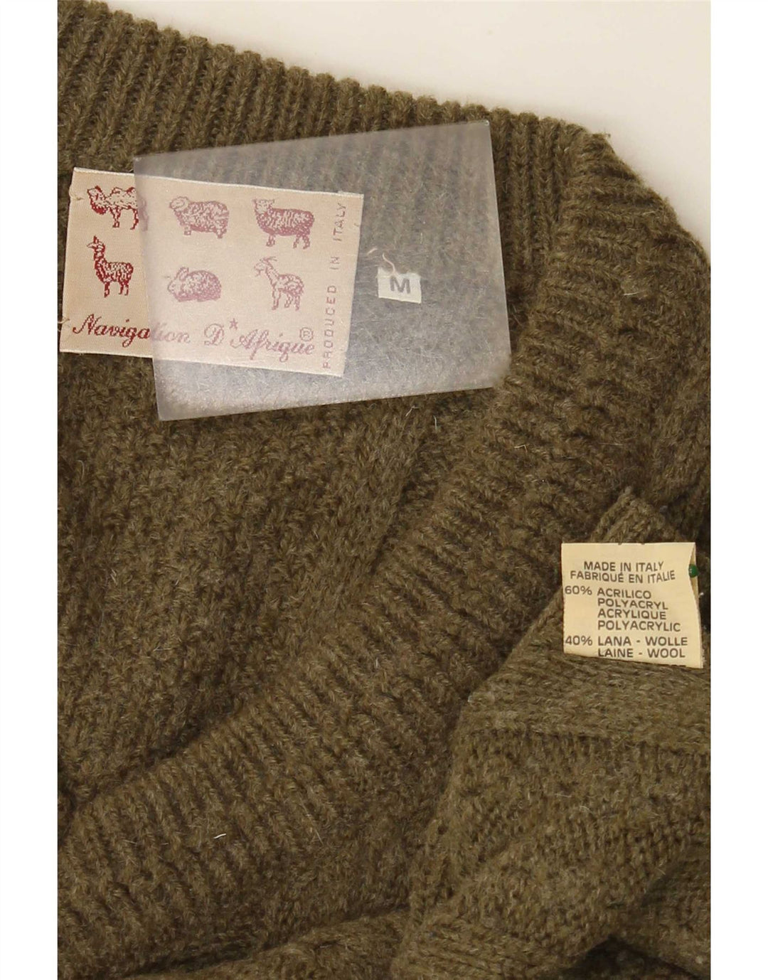 Vintage Mens V-Neck Jumper Sweater Medium Khaki Acrylic