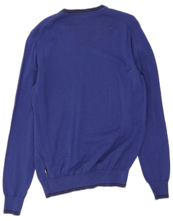 Armani Jeans Mens V-Neck Jumper Sweater Medium Blue Striped Cotton