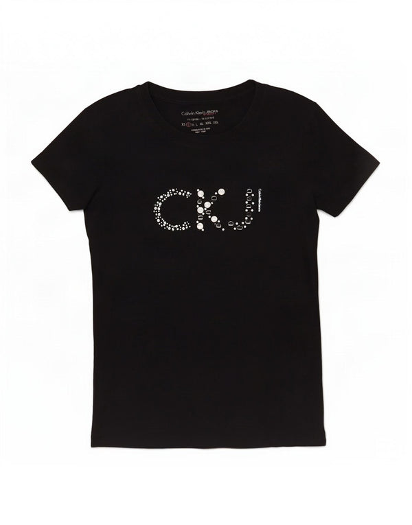 Calvin Klein Jeans Dame Grafisk T-Shirt Top UK 10 Lille Sort