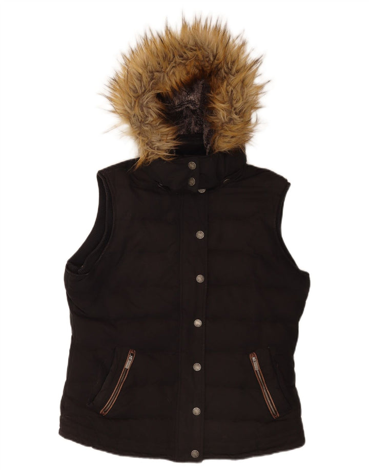 Colete acolchoado com capuz feminino Fat Face UK 12 poliéster preto médio