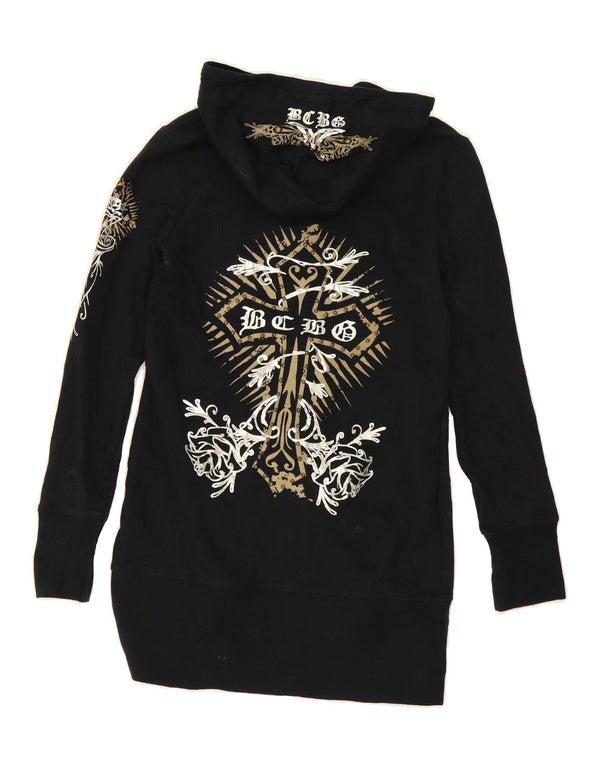 BCBGMAXAZRIA Womens Longline Graphic Zip Hoodie Sweater UK 12 Medium Black