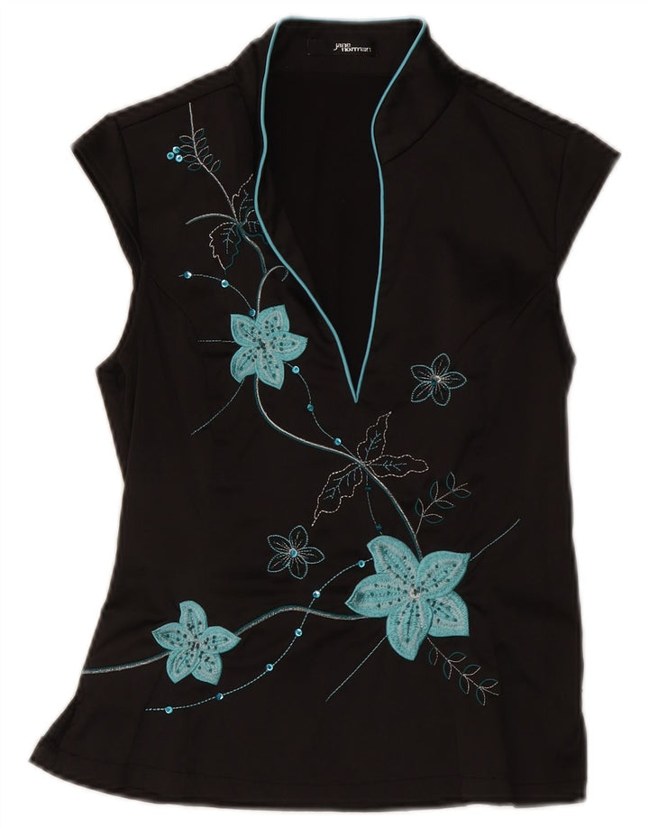 Jane Norman Womens Blouse Top UK 12 Medium Black Floral Polyester