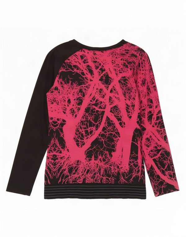 Desigual Donna Graphic Top Manica Lunga UK 12 Medio Nero Floreale Cotone