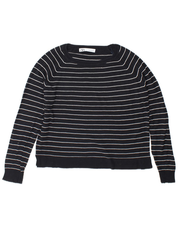 Maglione corto con scollo a barca da donna Zara UK 10 piccolo a righe blu navy