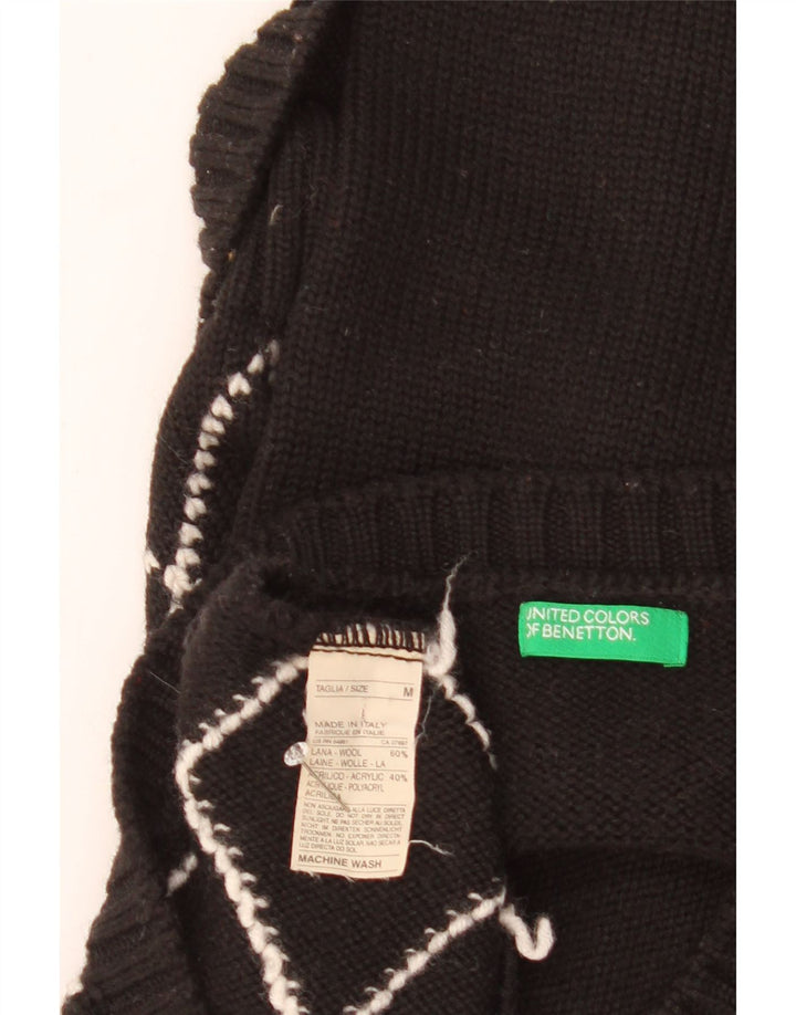 Benetton Dame V-hals sweater UK 12 Medium Black Argyle/Diamond