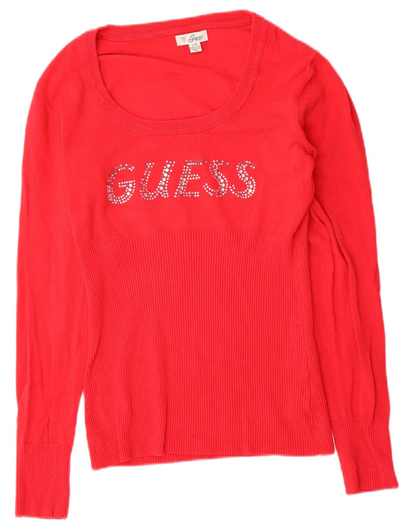 Guess Womens Graphic Boat Neck Jumper Sweater UK 12 Medium Red Rayon