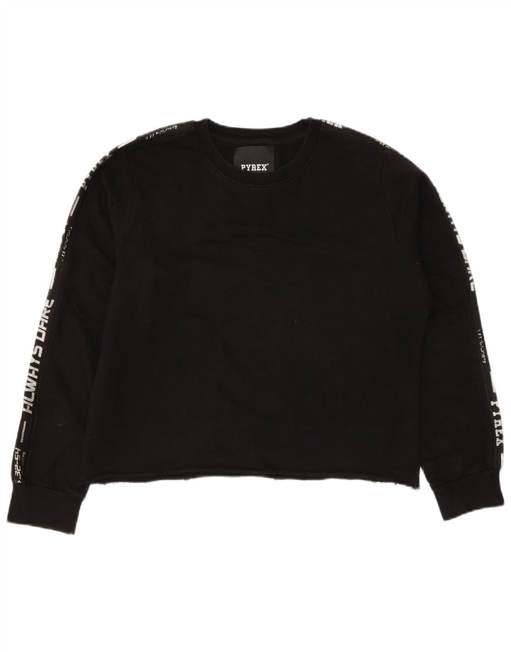 PYREX Womens Crop Graphic Sweatshirt Jumper UK 16 Large Black Cotton
