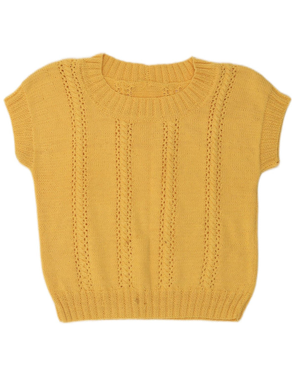 Vintage Womens Short Sleeve Boat Neck Jumper Sweater UK 14 Medium Yellow