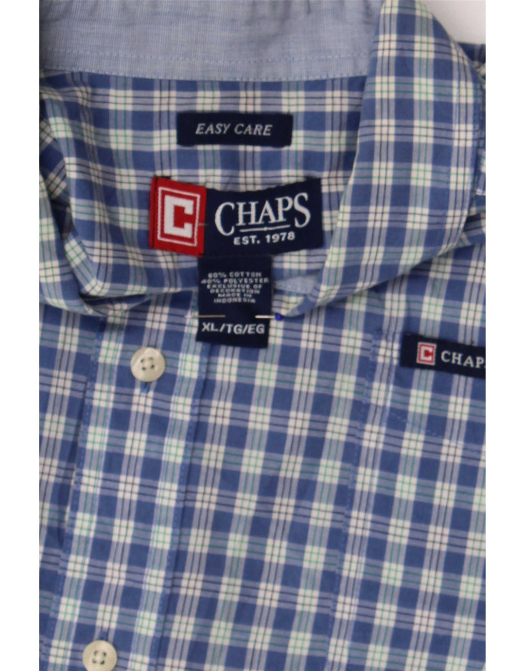 Chaps Mens Easy Care Short Sleeve Shirt XL Blue Check Cotton