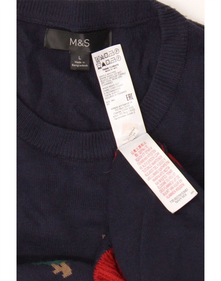 Marks & Spencer Mens Crew Neck Jumper Sweater Large Navy Blue Fair Isle